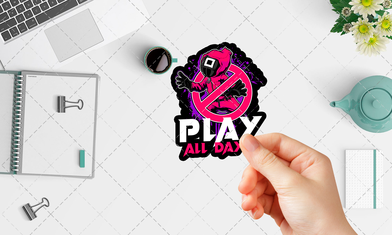 Play All Day (139), Cute, Funny Sticker For Laptop, Phone, Case, Decoration, personalizing journals, water bottles